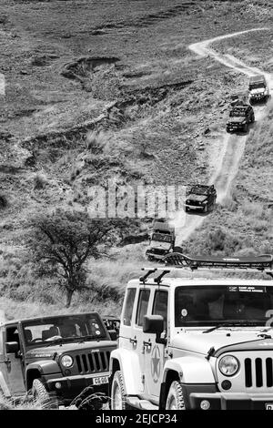 HARRISMITH, SUD AFRICA - 20 febbraio 2021: Harrismith, Sud Africa - 02 2015 ottobre: Addestramento del driver del percorso di montagna 4x4 al Camp Jeep nel Drakensberg Foto Stock