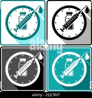 Icona tempo per la vaccinazione. Orologio quadrante con frecce sotto forma di siringa medica e un flacone con un vaccino. Vettore su sfondo trasparente Illustrazione Vettoriale