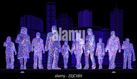 Personaggi composti da pixel incandescenti di fronte agli edifici. Illustrazione 3D Foto Stock