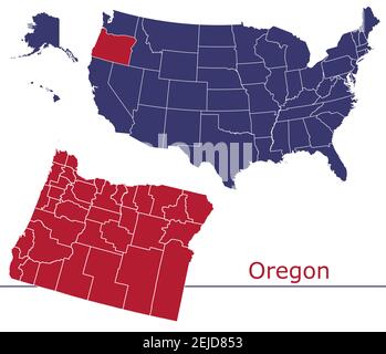 Oregon contee mappa vettoriale contorno con USA mappa colori nazionali allarme Illustrazione Vettoriale