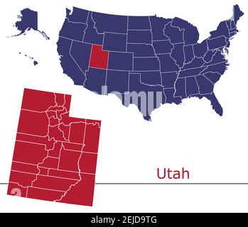 Utah contee mappa vettoriale contorno con USA mappa colori nazionali allarme Illustrazione Vettoriale
