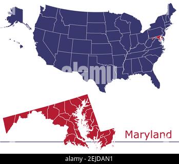 Contee del Maryland mappa vettoriale con USA mappa colori nazionali allarme Illustrazione Vettoriale