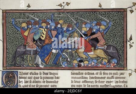 Charles Martel alla Battaglia di Tours. Miniatura di Les Grandes chroniques de France (Royal 16 G VI). Museo: BIBLIOTECA BRITANNICA. Autore: ANONIMO. Foto Stock