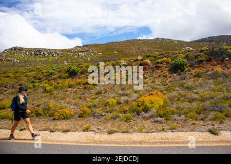 Cape Point- Città del Capo, Sud Africa - 19-02-2021 lussureggiante vegetazione che cresce lungo il pendio di montagna. Giovane donna che cammina creando sfocatura del movimento. Foto Stock