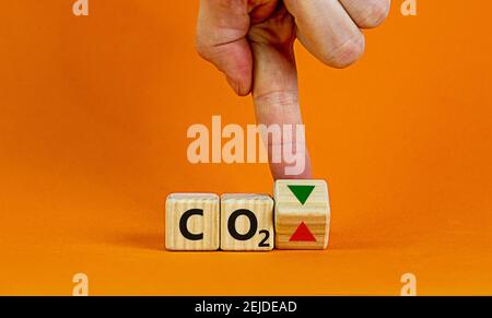 Simbolo modifiche CO2. Concetto 'CO2' sui cubi su un bel tavolo arancione, sfondo arancione. Mano uomo d'affari. Concetto di cambiamenti aziendali e CO2. C Foto Stock
