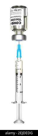vaccino covid, siringa che preleva la vaccinazione dal flaconcino. Immunizzazione su sfondo bianco, covid-19. Primo piano. Foto Stock