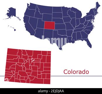 Colorado contee mappa vettoriale con USA mappa colori nazionali allarme Illustrazione Vettoriale