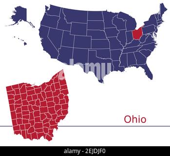 Ohio contee mappa vettoriale con USA mappa colori nazionali allarme Illustrazione Vettoriale