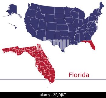 Florida contee mappa vettoriale contorno con USA mappa colori nazionali allarme Illustrazione Vettoriale