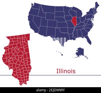 Illinois contee mappa vettoriale contorno con USA mappa colori nazionali allarme Illustrazione Vettoriale