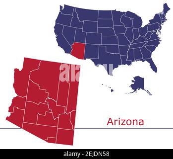 Arizona contee mappa vettoriale contorno con USA mappa colori nazionali allarme Illustrazione Vettoriale