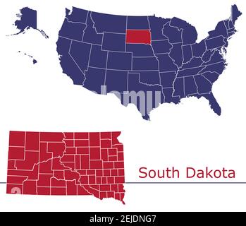 South Dakota contee mappa vettoriale con colori mappa USA bandiera nazionale Illustrazione Vettoriale