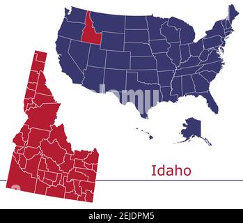 Idaho contee mappa vettoriale con USA mappa colori nazionali allarme Illustrazione Vettoriale