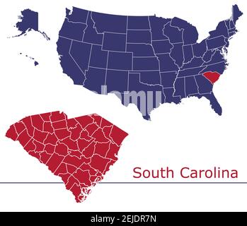 Mappa vettoriale delle contee del South Carolina con i colori della mappa USA bandiera nazionale Illustrazione Vettoriale