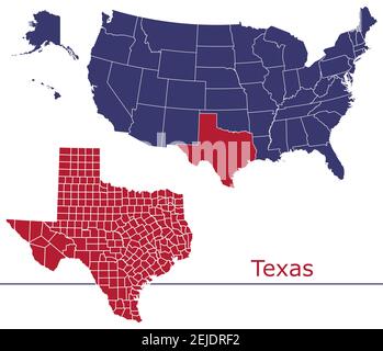 Texas contee mappa vettoriale contorno con USA mappa colori nazionali allarme Illustrazione Vettoriale