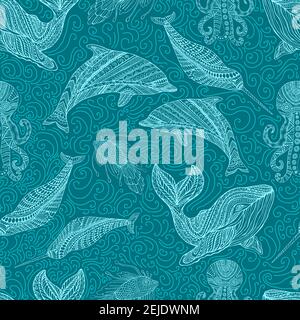 Whale delfino polpo narwhal e pesce ornamentale onde colorate fantasia mare motivo senza giunture, colore del contorno ciano, isolato su blu scuro. Illustrazione Vettoriale