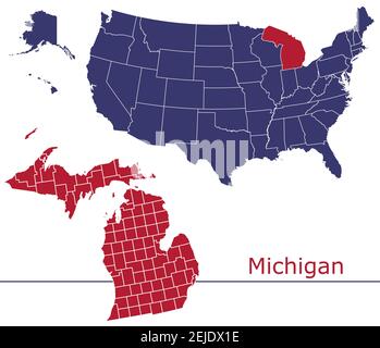 Michigan contee mappa vettoriale contorno con USA mappa colori nazionali allarme Illustrazione Vettoriale