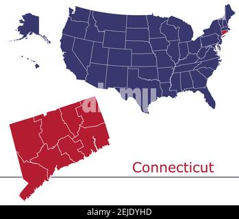Contee del Connecticut Mappa vettoriale con USA mappa colori nazionali allarme Illustrazione Vettoriale
