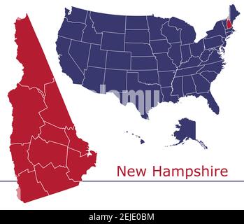 Mappa vettoriale delle contee del New Hampshire con colori mappa USA bandiera nazionale Illustrazione Vettoriale