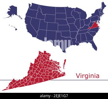 Virginia contee mappa vettoriale contorno con USA mappa colori nazionali allarme Illustrazione Vettoriale