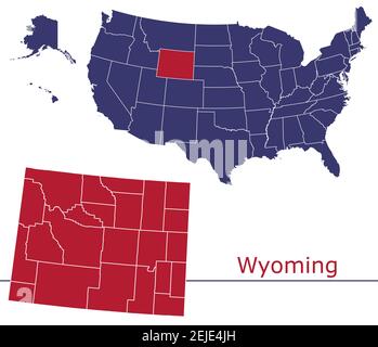Wyoming contee mappa vettoriale contorno con USA mappa colori nazionali allarme Illustrazione Vettoriale