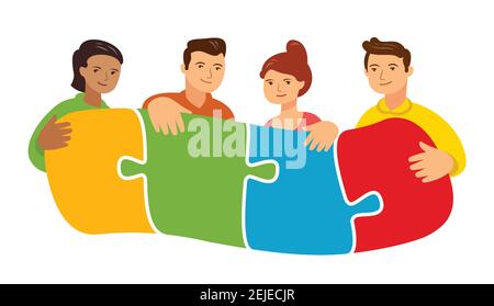Persone che collegano pezzi di puzzle. Lavoro di squadra, vettore di concetto di partnership Illustrazione Vettoriale