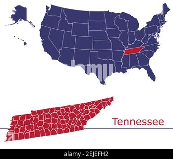 Tennessee contee mappa vettoriale contorno con USA mappa colori nazionali allarme Illustrazione Vettoriale