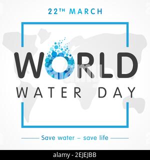 Goccia d'acqua e parola, icona creativa. Stile luminoso in vetro colorato blu logotipo concetto. Banner Internet World Water Day, 22 marzo, creativo ele Illustrazione Vettoriale