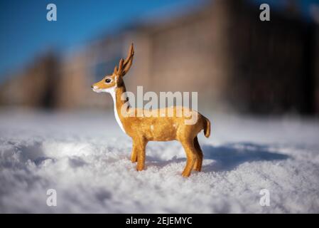 Renna in miniatura nella neve di Edimburgo con Princes Street sullo sfondo e un cielo blu luminoso. Foto Stock