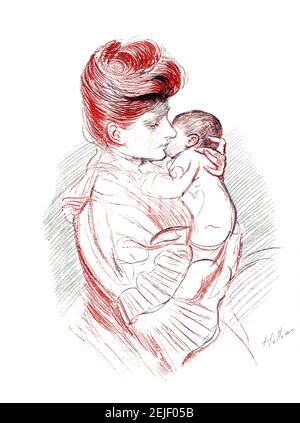 The Kiss, madre e nuovo bambino studio in Conte Crayon di Paul Helleu, dal 1899 The Studio An Illustrated Magazine of fine and Applied Art Foto Stock