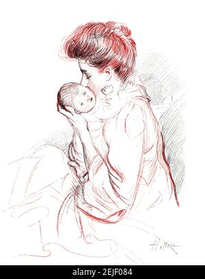 The Kiss, madre e nuovo bambino studio in Conte Crayon di Paul Helleu, dal 1899 The Studio An Illustrated Magazine of fine and Applied Art Foto Stock