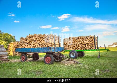 Due rimorchi pieni di legno tritato parcheggiati su un verde campo di erba con il cielo blu meraviglioso sullo sfondo Foto Stock