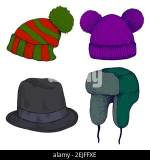 Colorful Headwears doodle stile cartone animato. Set di cappello diverso con pom pom, cappello con alette per le orecchie, cappello divertente con due pom-pom, cappello di Homburg, isolato su Illustrazione Vettoriale