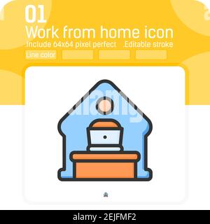 Concetto di icona di lavoro remoto per ufficio domestico con stile di colore della linea isolato su sfondo bianco. L'illustrazione lineare vettoriale funziona da casa con il computer Illustrazione Vettoriale