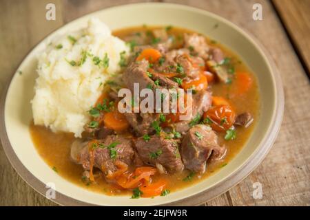 Un stufato di cervo fatto in casa da un daino selvatico che è stato stufato in un fornello lento con aglio, cipolle, carote, funghi e brodo di manzo. Esso Foto Stock