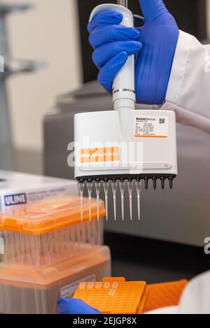 Aldatu Biosciences in Watertown, ha sviluppato un test rapido per il rilevamento COVID-19 chiamato PANDAA QDX™ SARS-COV-2 utilizzato a Boston. Foto Stock