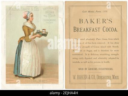 Volantino commerciale cromolitografico c1885 antico (anteriore e posteriore) per preparazioni di cioccolato Broma e cacao di Walter Baker & Co a Dorchester, Massachusetts. FONTE: VOLANTINO COMMERCIALE ORIGINALE Foto Stock