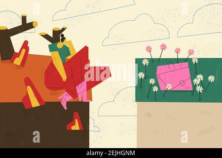 Concetto di burnout per la caccia al lavoro. Il giovane adulto si sente scoraggiato e disperato quando si fa domanda per opportunità di lavoro. Illustrazione dello sviluppo di carriera. Foto Stock