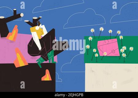 Concetto di sindrome di burnout di ricerca di lavoro. Il giovane adulto si sente stressato e disperato quando si fa domanda per opportunità di lavoro. Illustrazione dello sviluppo di carriera. Foto Stock