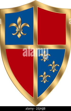 Medievale Cavaliere Shield vettore in oro, rosso e blu su sfondo bianco isolato. Grafica vettoriale incorniciata in oro illustrazione di uno scudo medievale di Wappon. Illustrazione Vettoriale