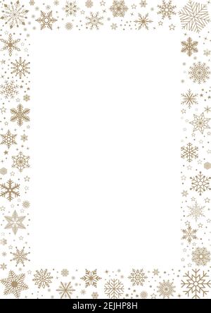 Cornice in fiocco di neve dorata su sfondo bianco. Design raffinato in oro motivo frosty fiocco di neve nel design del telaio. Cornice di Natale. Illustrazione Vettoriale