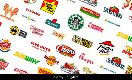 Collezione di logotipi dei più famosi fast-food, ristoranti e caffè Foto Stock