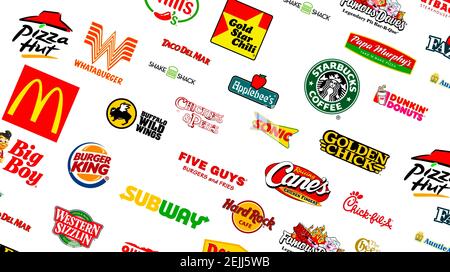 Collezione di logotipi dei più famosi fast-food, ristoranti e caffè Foto Stock