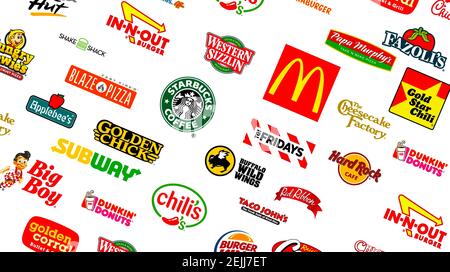 Collezione di logotipi dei più famosi fast-food, ristoranti e caffè Foto Stock