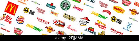 Collezione di logotipi dei più famosi fast-food, ristoranti e caffè Foto Stock