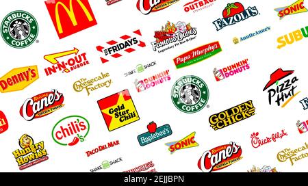 Collezione di logotipi dei più famosi fast-food, ristoranti e caffè Foto Stock