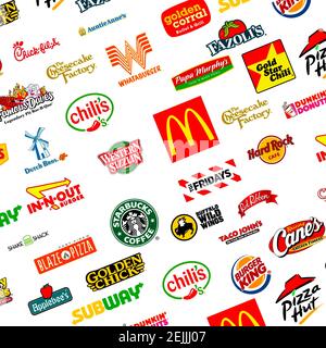 Collezione di logotipi dei più famosi fast-food, ristoranti e caffè Foto Stock