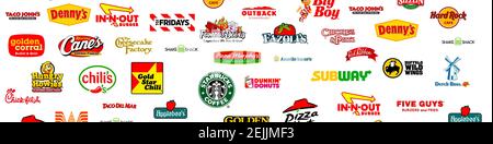 Collezione di logotipi dei più famosi fast-food, ristoranti e caffè Foto Stock