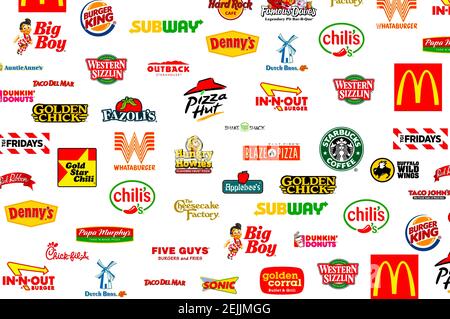 Collezione di logotipi dei più famosi fast-food, ristoranti e caffè Foto Stock