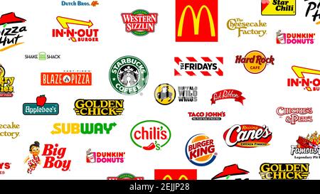 Collezione di logotipi dei più famosi fast-food, ristoranti e caffè Foto Stock